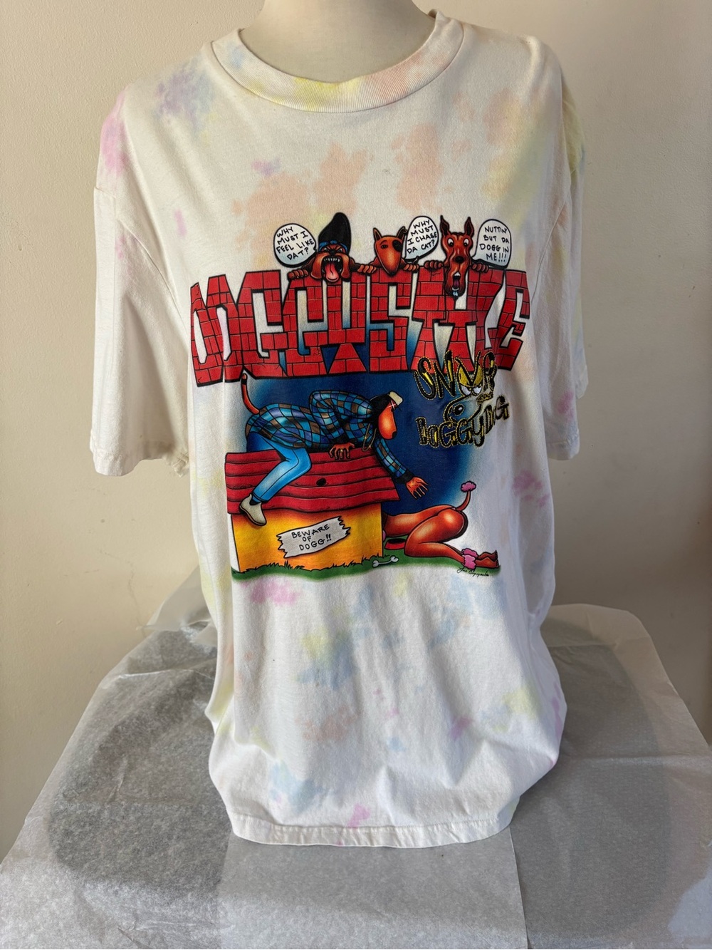 White Tie-Dye Graphic Tee with Colorful Cartoon Print